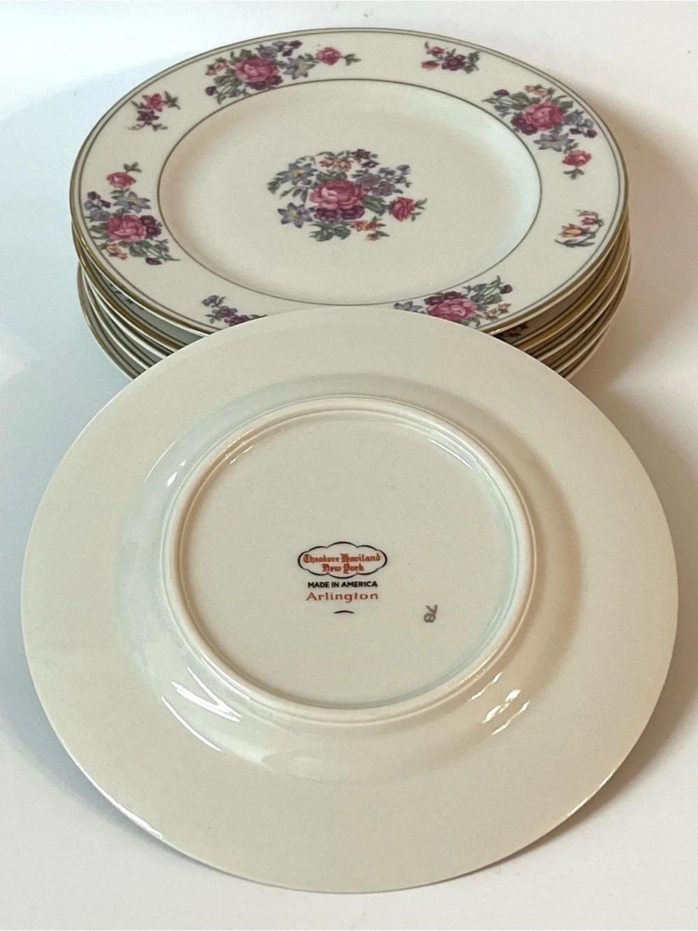 Set of 6 Theodore Haviland New York Arlington Dessert Plates Pink Purple Flowers